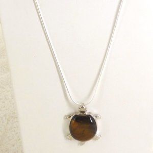 Sea Turtle Pendant Necklace Tiger's Eye  & Silver Plate 22" Chain Mint NWOT M578